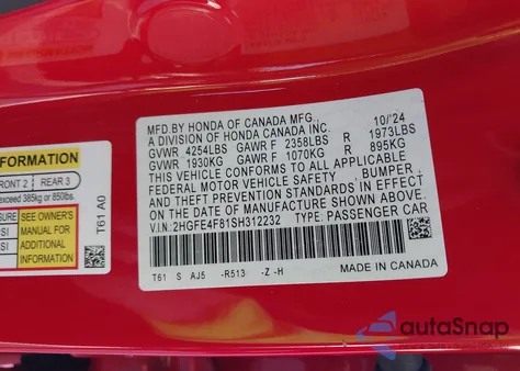 2025 Honda Civic Hybrid Sport/Sport Touring z USA, uszkodzony, nr VIN 2HGFE4F81SH312232